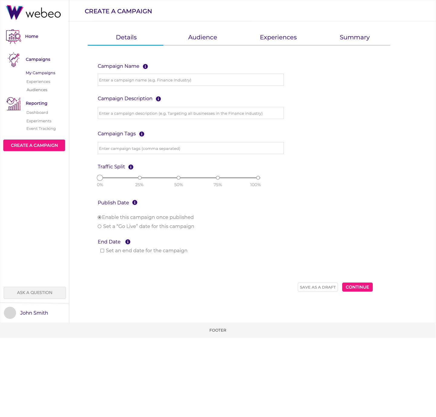Webeo campaign creation - details step