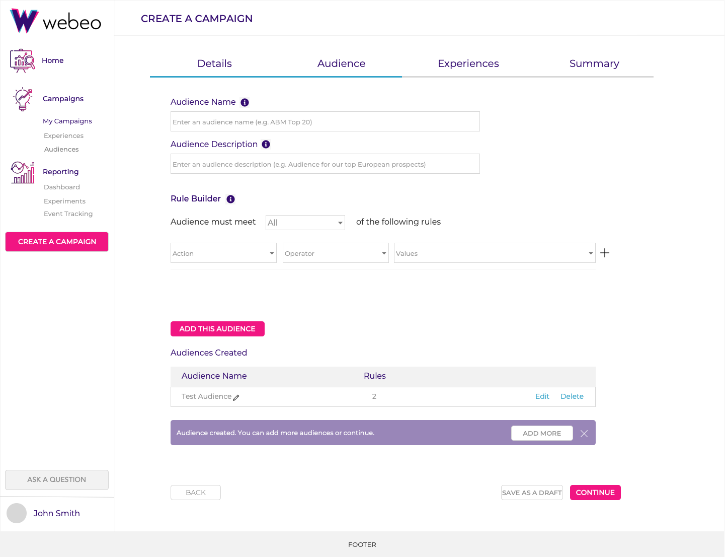 Webeo campaign creation - audience step