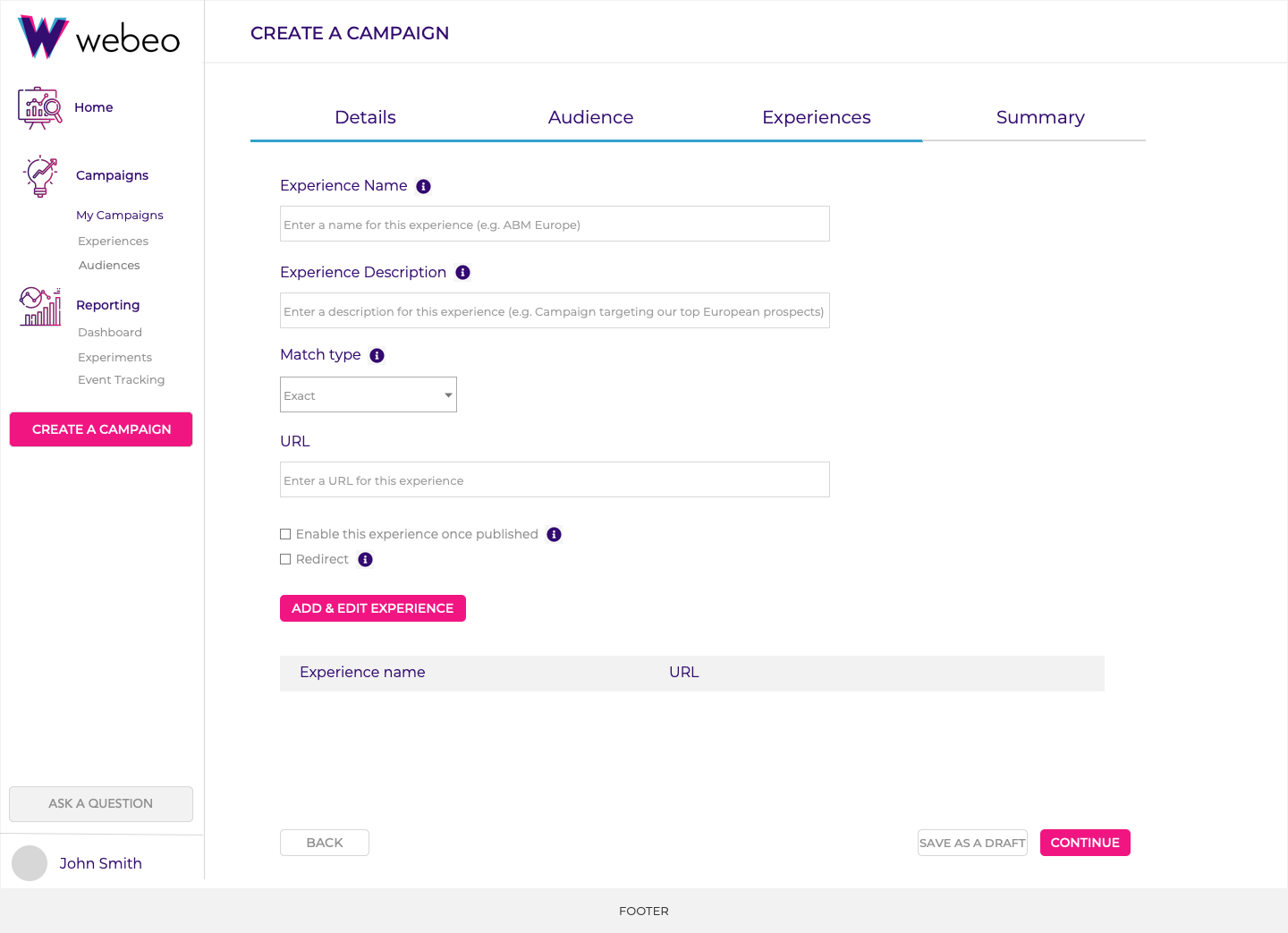 Webeo campaign creation - experiences step